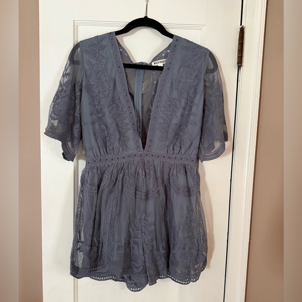 Wild honey, one piece, embroidered, blue romper.